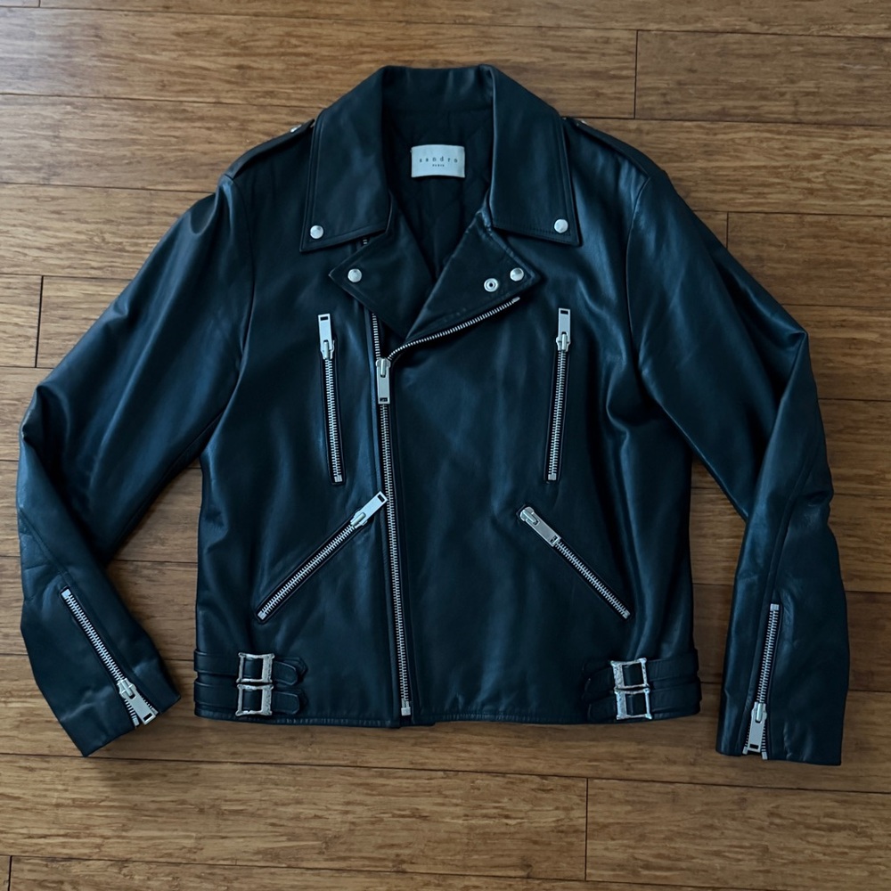 Sandro Paris Men’s Black Calfskin Leather Biker Jacket, Slim Fit, Large